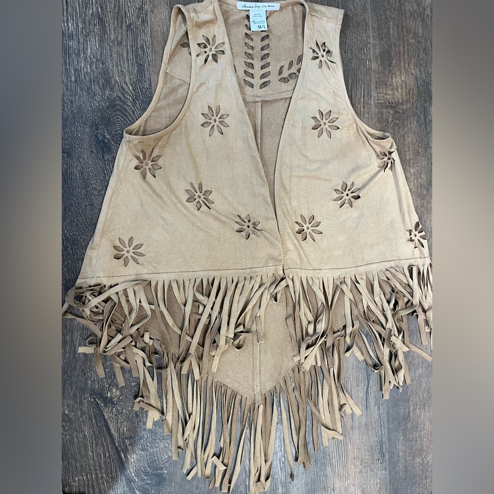 Tan Fringe Vest with Floral Cutouts